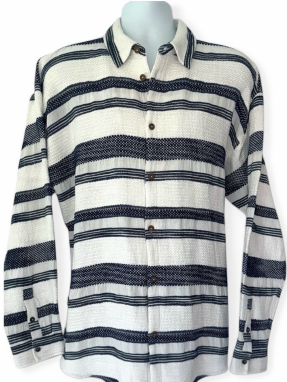 Scotch & Soda XL Basketweave Voile Button-Up Shirt White Navy Striped Resort - Picture 4 of 12